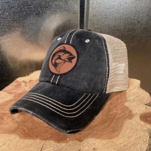 BASS Fishing Black on Grey Hat - BuckskinBrown/Black Patch - Custom Distressed Hat